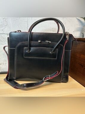 McLain Lake Forest Italian Leather womans Briefcase black and red lined.
